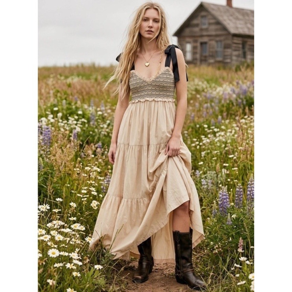 Free People Dainty Coquette Cottage Bluebell Solid Maxi Dress Sand Neutral Small